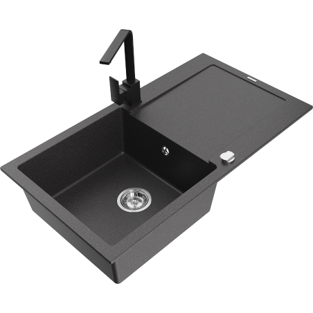 Mexen Leo zlewozmywak granitowy 1-komorowy z ociekaczem i baterią kuchenną Rita, czarny nakrapiany - 6501-76-670300-70