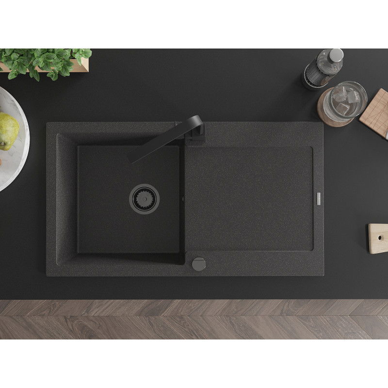 Mexen Leo zlewozmywak granitowy 1-komorowy z ociekaczem i baterią kuchenną Rita, czarny nakrapiany - 6501-76-670300-70-B