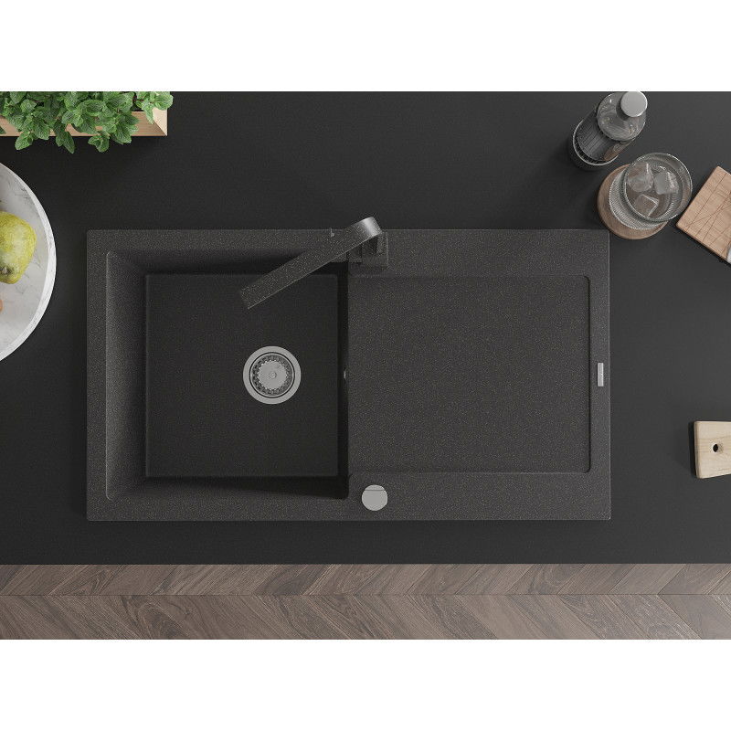 Mexen Leo zlewozmywak granitowy 1-komorowy z ociekaczem i baterią kuchenną Rita, czarny nakrapiany - 6501-76-670300-76
