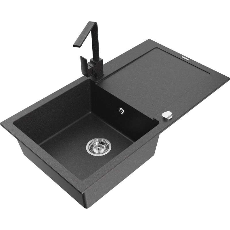 Mexen Leo zlewozmywak granitowy 1-komorowy z ociekaczem i baterią kuchenną Rita, czarny nakrapiany - 6501-76-670300-76