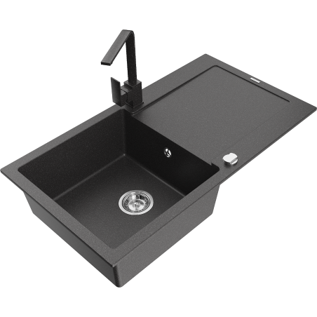 Mexen Leo zlewozmywak granitowy 1-komorowy z ociekaczem i baterią kuchenną Rita, czarny nakrapiany - 6501-76-670300-76