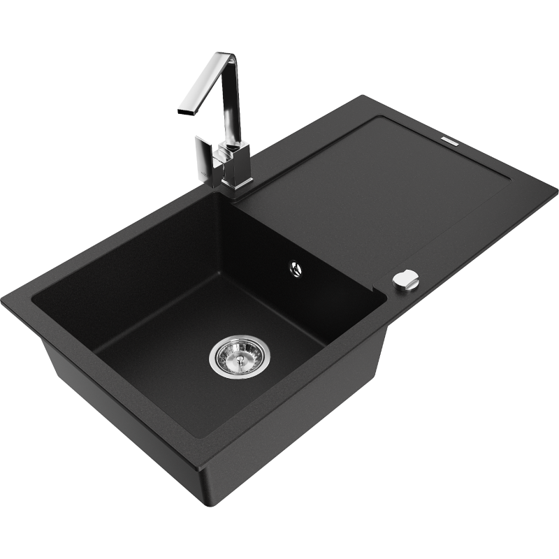 Mexen Leo zlewozmywak granitowy 1-komorowy z ociekaczem i baterią kuchenną Rita, czarny  - 6501-77-670300-00