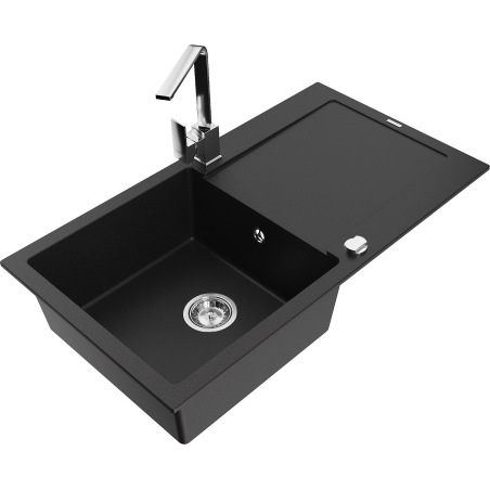 Mexen Leo zlewozmywak granitowy 1-komorowy z ociekaczem i baterią kuchenną Rita, czarny  - 6501-77-670300-00