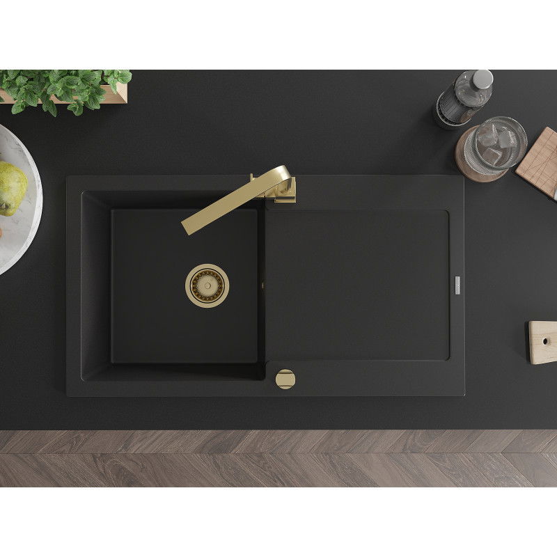 Mexen Leo zlewozmywak granitowy 1-komorowy z ociekaczem i baterią kuchenną Rita, czarny  - 6501-77-670300-50
