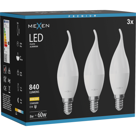 Mexen Nova 3x żarówka LED płomyk E14, C37, 8W, Ciepła - 3000K, 840 lm - L106-E14-0830-01x03