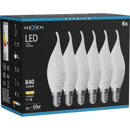 Mexen Nova 6x żarówka LED płomyk E14, C37, 8W, Ciepła - 3000K, 840 lm - L106-E14-0830-01x06