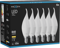 Mexen Nova 6x żarówka LED płomyk E14, C37, 8W, Ciepła - 3000K, 840 lm - L106-E14-0830-01x06