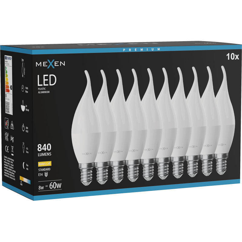Mexen Nova 10x żarówka LED płomyk E14, C37, 8W, Ciepła - 3000K, 840 lm - L106-E14-0830-01x10