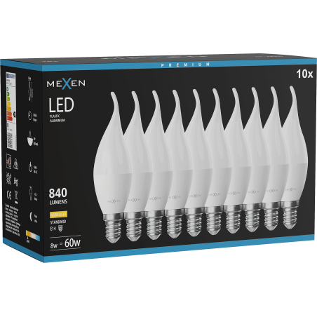 Mexen Nova 10x żarówka LED płomyk E14, C37, 8W, Ciepła - 3000K, 840 lm - L106-E14-0830-01x10