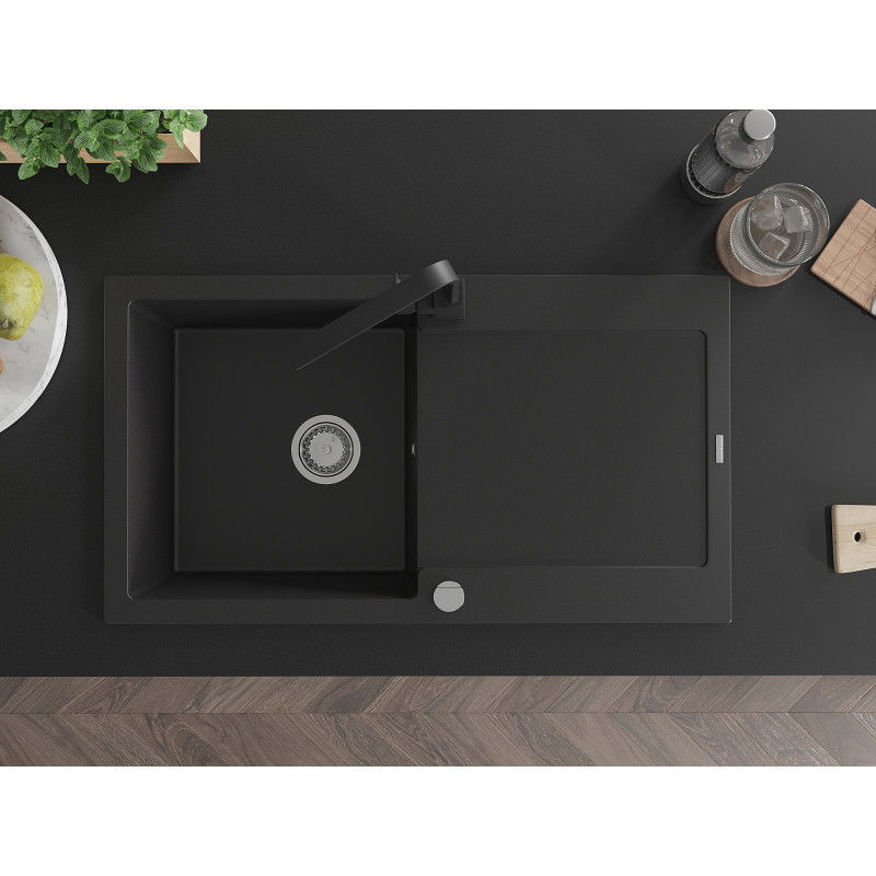 Mexen Leo zlewozmywak granitowy 1-komorowy z ociekaczem i baterią kuchenną Rita, czarny  - 6501-77-670300-70