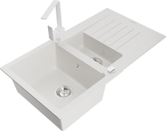 Mexen Matias zlewozmywak granitowy 1,5-komorowy z ociekaczem i baterią kuchenną Rita, biały - 6502-20-670300-20