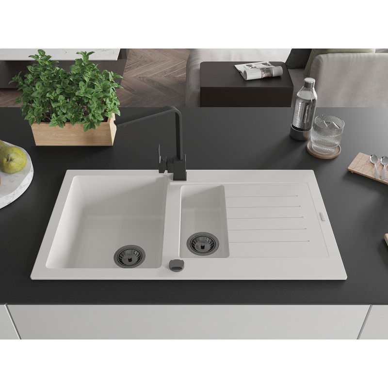 Mexen Matias zlewozmywak granitowy 1,5-komorowy z ociekaczem i baterią kuchenną Rita, biały - 6502-20-670300-70