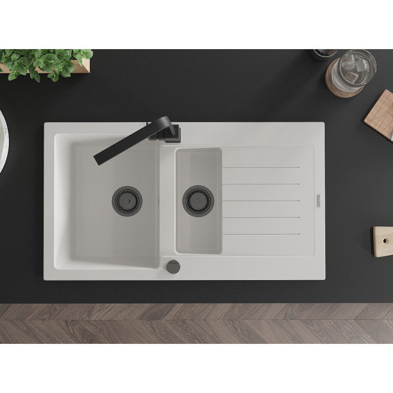 Mexen Matias zlewozmywak granitowy 1,5-komorowy z ociekaczem i baterią kuchenną Rita, biały - 6502-20-670300-70