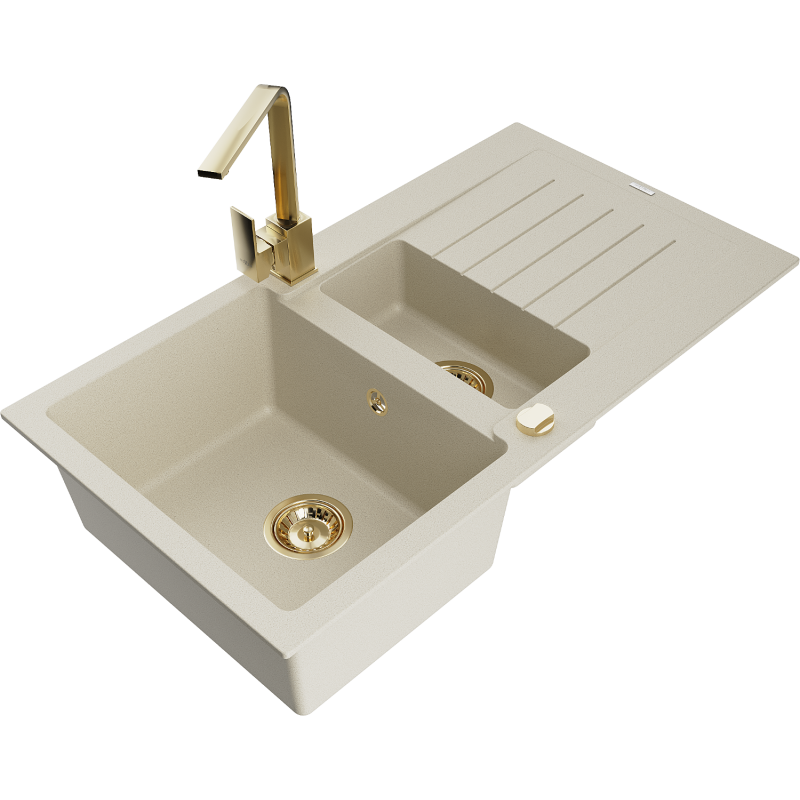 Mexen Matias zlewozmywak granitowy 1,5-komorowy z ociekaczem i baterią kuchenną Rita, beżowy - 6502-69-670300-50