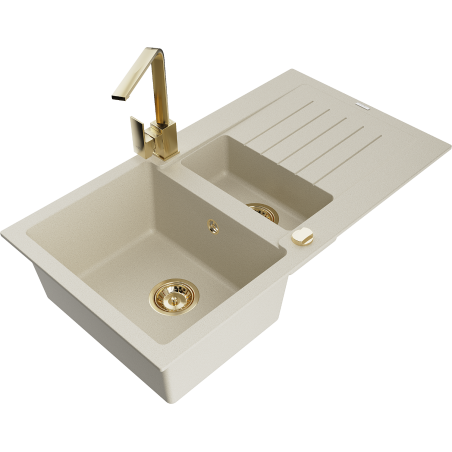 Mexen Matias zlewozmywak granitowy 1,5-komorowy z ociekaczem i baterią kuchenną Rita, beżowy - 6502-69-670300-50