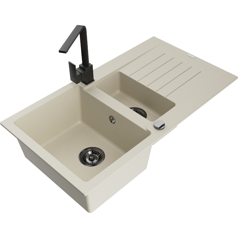 Mexen Matias zlewozmywak granitowy 1,5-komorowy z ociekaczem i baterią kuchenną Rita, beżowy - 6502-69-670300-70