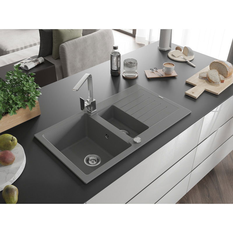 Mexen Matias zlewozmywak granitowy 1,5-komorowy z ociekaczem i baterią kuchenną Rita, szary - 6502-71-670300-00