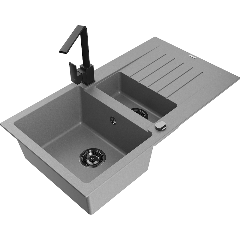 Mexen Matias zlewozmywak granitowy 1,5-komorowy z ociekaczem i baterią kuchenną Rita, szary - 6502-71-670300-70-B