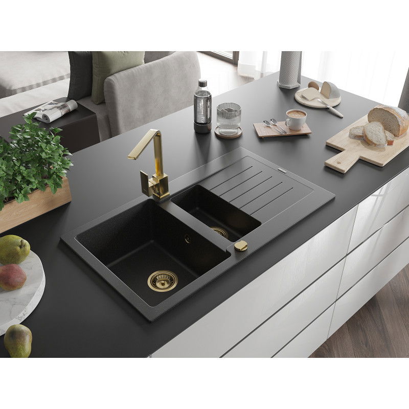 Mexen Matias zlewozmywak granitowy 1,5-komorowy z ociekaczem i baterią kuchenną Rita, czarny/srebrny metalik - 6502-73-670300-50