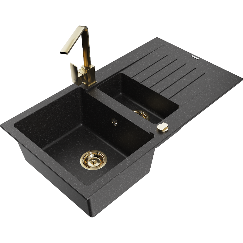 Mexen Matias zlewozmywak granitowy 1,5-komorowy z ociekaczem i baterią kuchenną Rita, czarny/srebrny metalik - 6502-73-670300-50