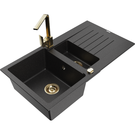 Mexen Matias zlewozmywak granitowy 1,5-komorowy z ociekaczem i baterią kuchenną Rita, czarny/srebrny metalik - 6502-73-670300-50