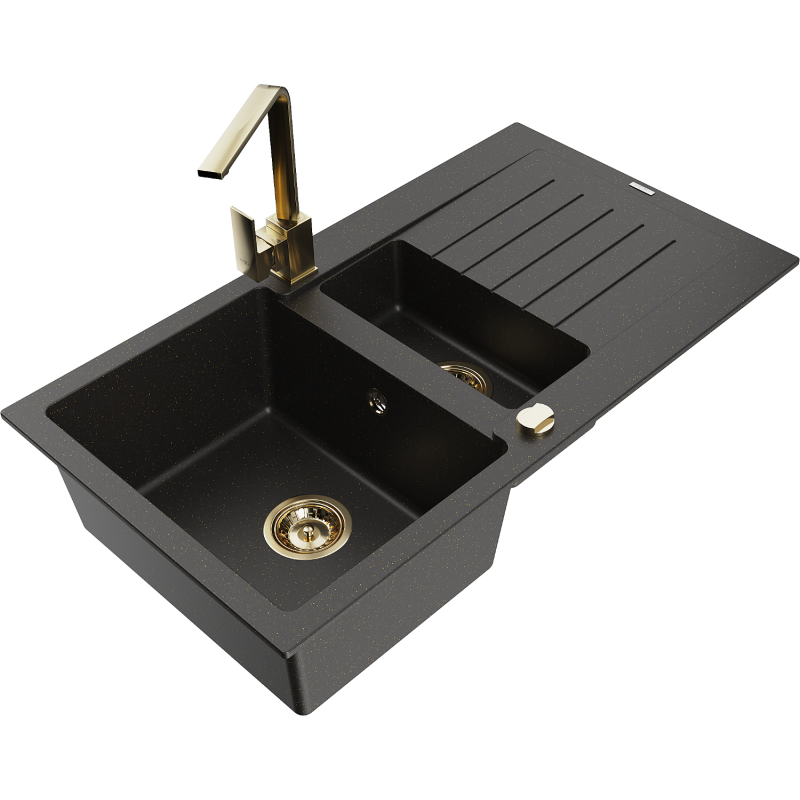 Mexen Matias zlewozmywak granitowy 1,5-komorowy z ociekaczem i baterią kuchenną Rita, czarny/złoty  - 6502-75-670300-50