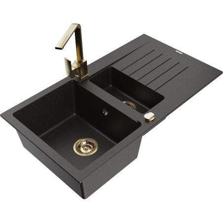 Mexen Matias zlewozmywak granitowy 1,5-komorowy z ociekaczem i baterią kuchenną Rita, czarny/złoty  - 6502-75-670300-50
