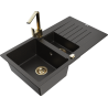 Mexen Matias zlewozmywak granitowy 1,5-komorowy z ociekaczem i baterią kuchenną Rita, czarny/złoty  - 6502-75-670300-50