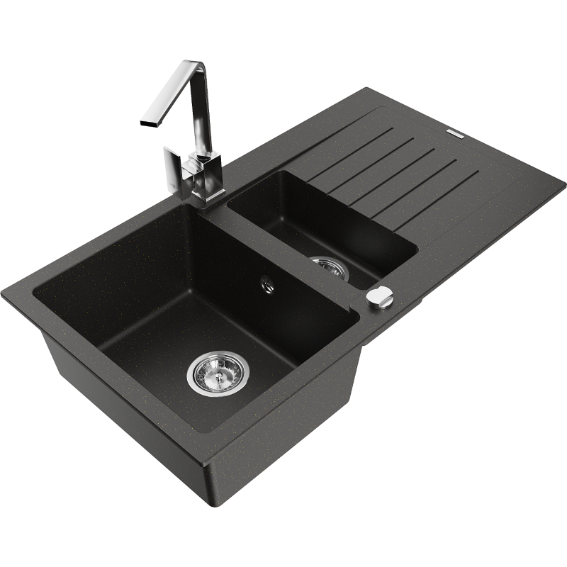 Mexen Matias zlewozmywak granitowy 1,5-komorowy z ociekaczem i baterią kuchenną Rita, czarny/złoty  - 6502-75-670300-00