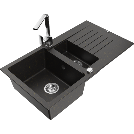 Mexen Matias zlewozmywak granitowy 1,5-komorowy z ociekaczem i baterią kuchenną Rita, czarny/złoty  - 6502-75-670300-00