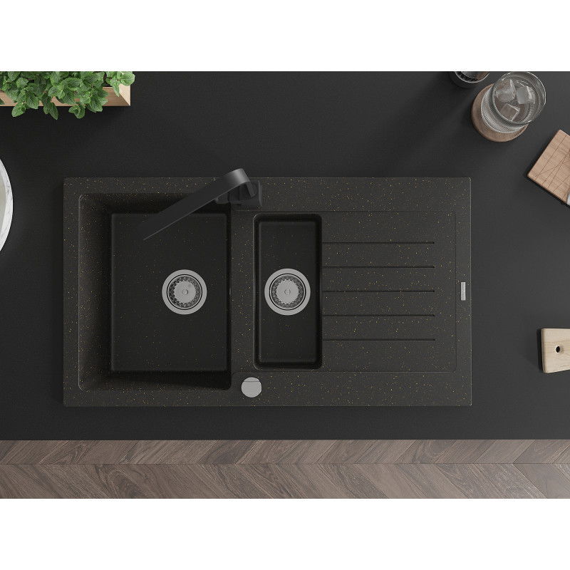 Mexen Matias zlewozmywak granitowy 1,5-komorowy z ociekaczem i baterią kuchenną Rita, czarny/złoty - 6502-75-670300-70