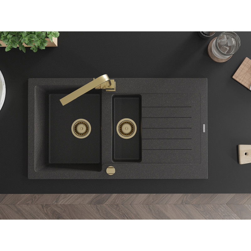 Mexen Matias zlewozmywak granitowy 1,5-komorowy z ociekaczem i baterią kuchenną Rita, czarny nakrapiany  - 6502-76-670300-50
