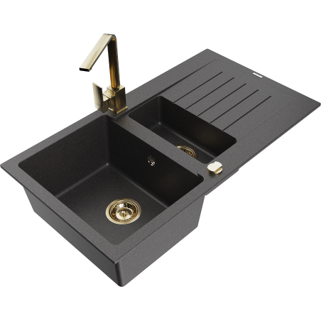 Mexen Matias zlewozmywak granitowy 1,5-komorowy z ociekaczem i baterią kuchenną Rita, czarny nakrapiany  - 6502-76-670300-50