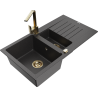 Mexen Matias zlewozmywak granitowy 1,5-komorowy z ociekaczem i baterią kuchenną Rita, czarny nakrapiany  - 6502-76-670300-50