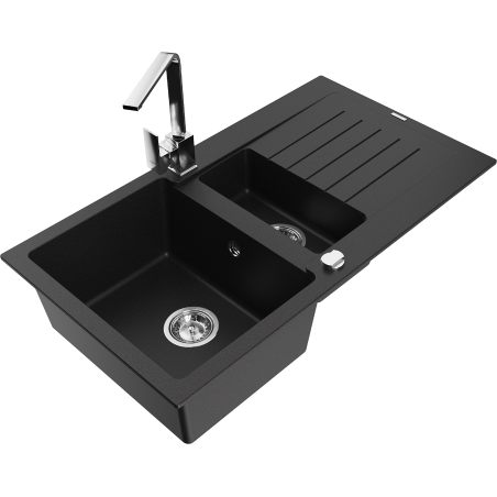 Mexen Matias zlewozmywak granitowy 1,5-komorowy z ociekaczem i baterią kuchenną Rita, czarny - 6502-77-670300-00