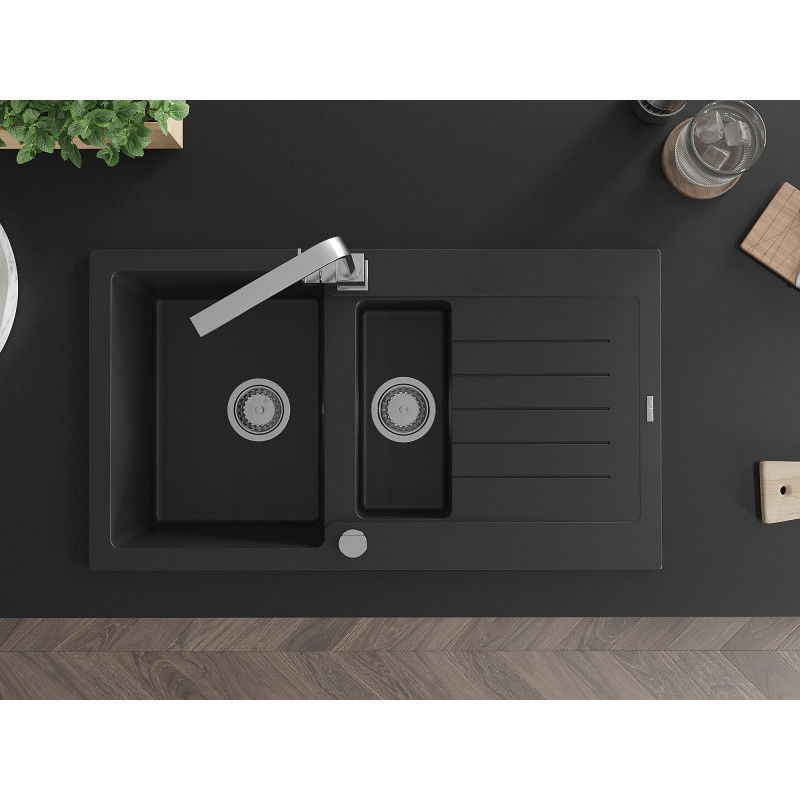 Mexen Matias zlewozmywak granitowy 1,5-komorowy z ociekaczem i baterią kuchenną Rita, czarny - 6502-77-670300-00