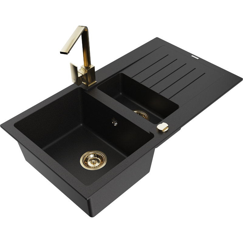Mexen Matias zlewozmywak granitowy 1,5-komorowy z ociekaczem i baterią kuchenną Rita, czarny - 6502-77-670300-50