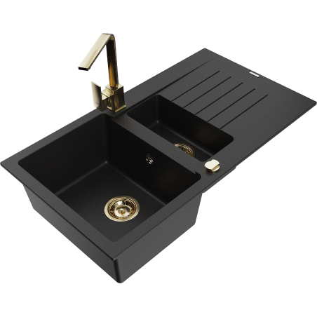 Mexen Matias zlewozmywak granitowy 1,5-komorowy z ociekaczem i baterią kuchenną Rita, czarny - 6502-77-670300-50