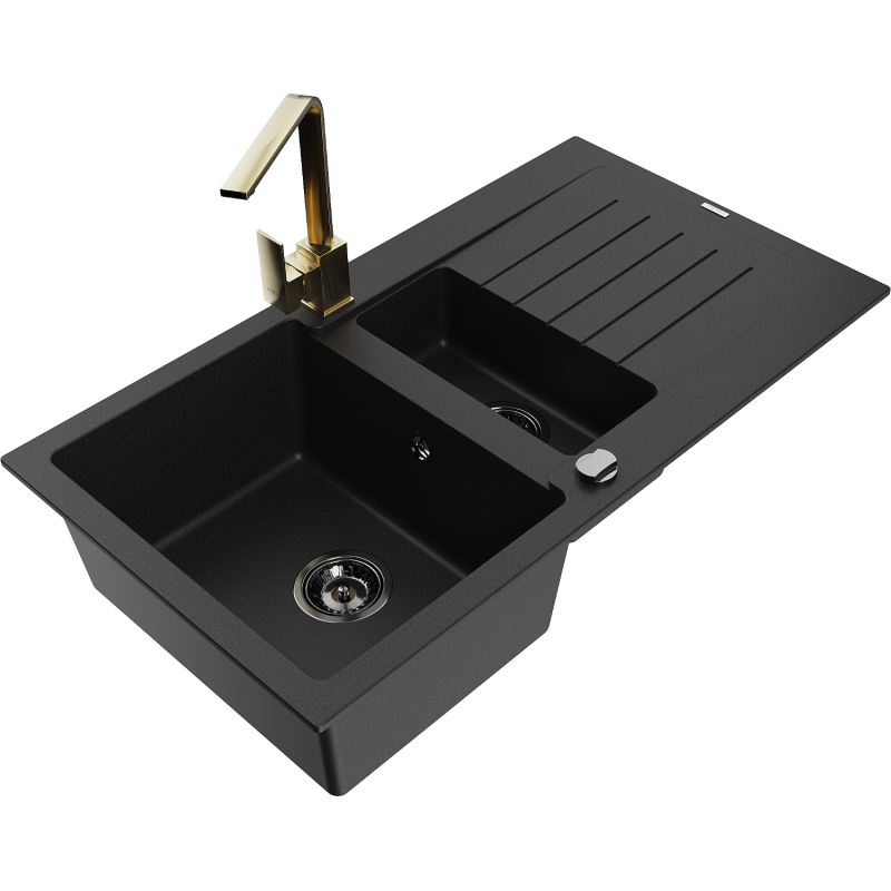 Mexen Matias zlewozmywak granitowy 1,5-komorowy z ociekaczem i baterią kuchenną Rita, czarny - 6502-77-670300-50-B