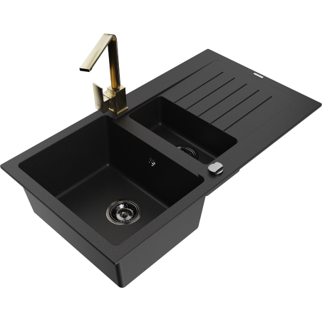 Mexen Matias zlewozmywak granitowy 1,5-komorowy z ociekaczem i baterią kuchenną Rita, czarny - 6502-77-670300-50-B