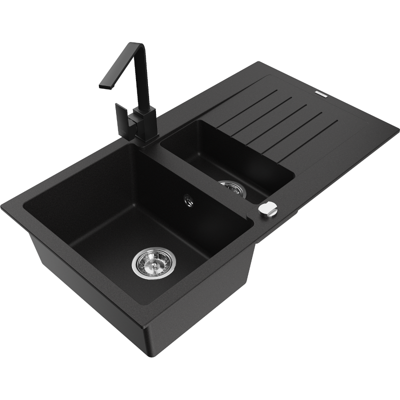 Mexen Matias zlewozmywak granitowy 1,5-komorowy z ociekaczem i baterią kuchenną Rita, czarny - 6502-77-670300-70