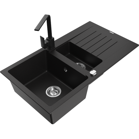 Mexen Matias zlewozmywak granitowy 1,5-komorowy z ociekaczem i baterią kuchenną Rita, czarny - 6502-77-670300-70