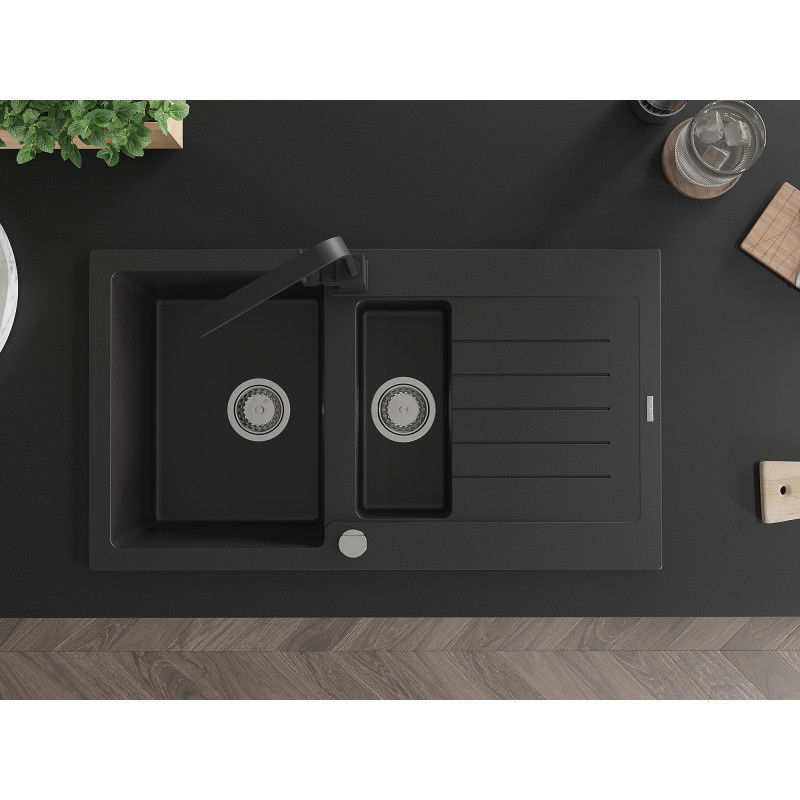 Mexen Matias zlewozmywak granitowy 1,5-komorowy z ociekaczem i baterią kuchenną Rita, czarny - 6502-77-670300-70