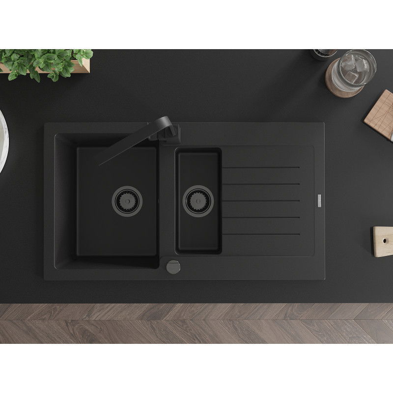 Mexen Matias zlewozmywak granitowy 1,5-komorowy z ociekaczem i baterią kuchenną Rita, czarny - 6502-77-670300-70-B
