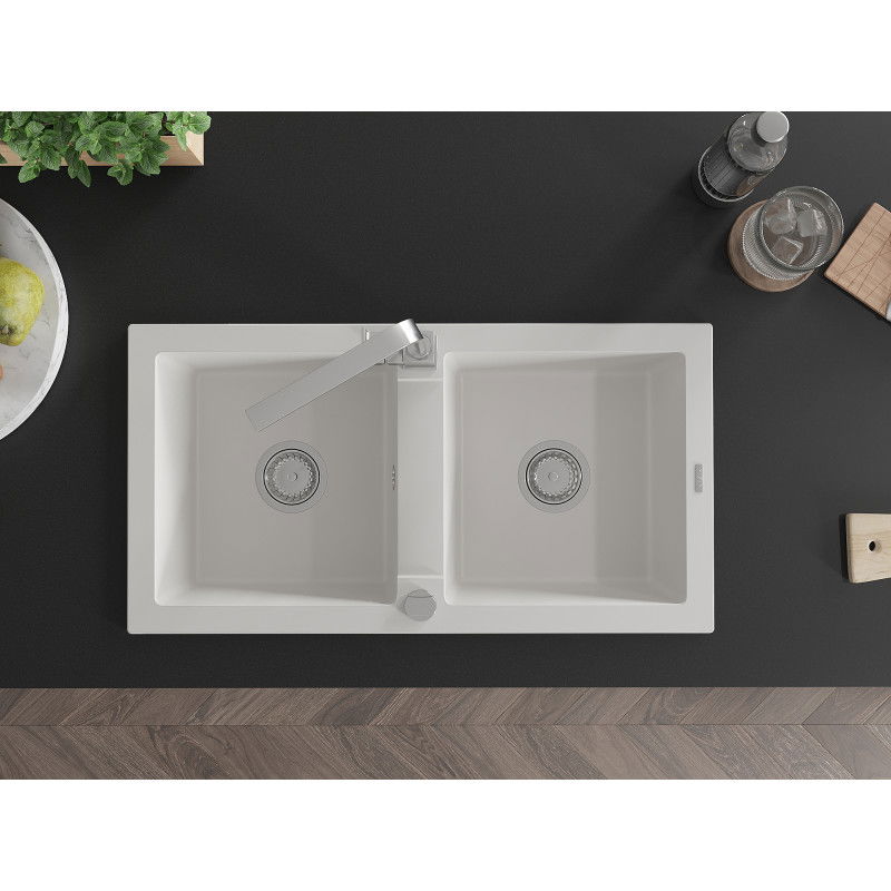 Mexen Mario zlewozmywak granitowy 2-komorowy z baterią kuchenną Rita, biały - 6504-20-670300-00