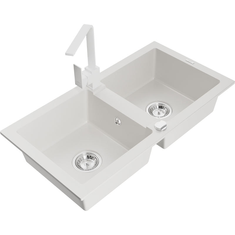 Mexen Mario zlewozmywak granitowy 2-komorowy z baterią kuchenną Rita, biały - 6504-20-670300-20