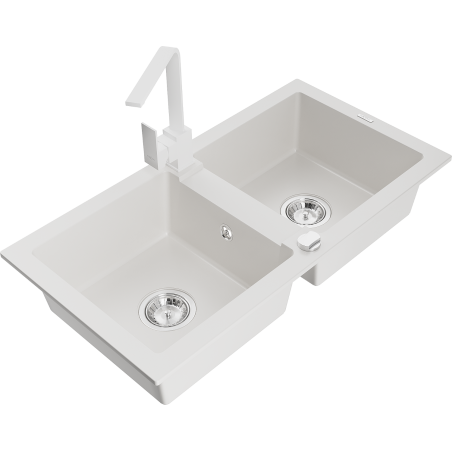 Mexen Mario zlewozmywak granitowy 2-komorowy z baterią kuchenną Rita, biały - 6504-20-670300-20
