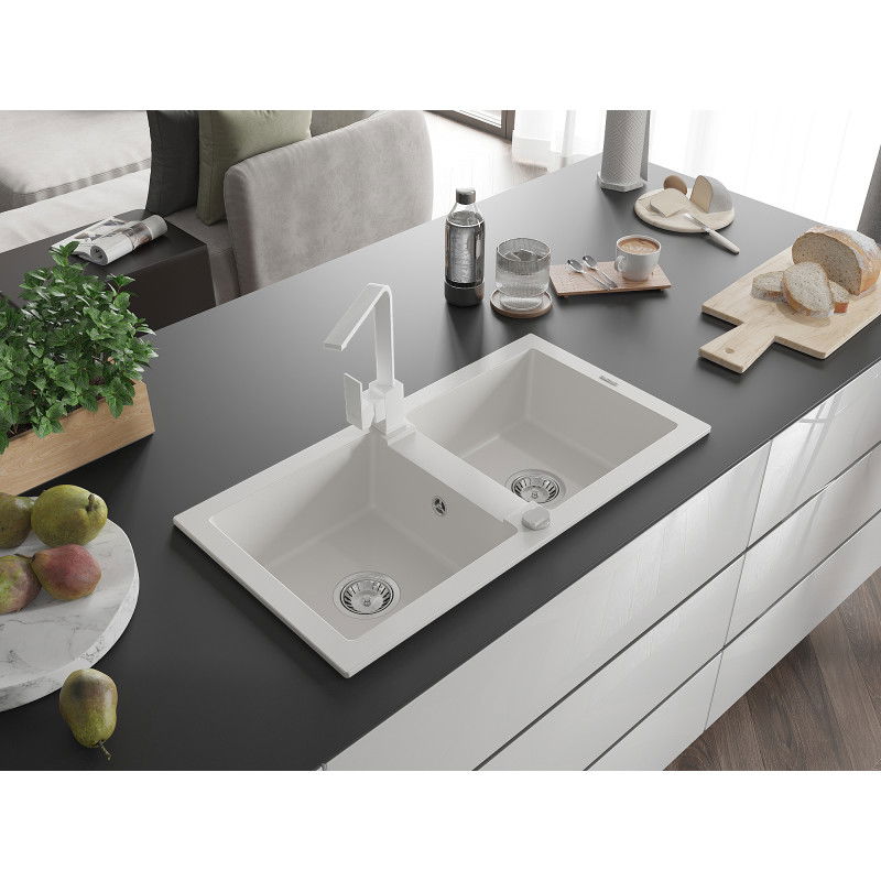 Mexen Mario zlewozmywak granitowy 2-komorowy z baterią kuchenną Rita, biały - 6504-20-670300-20