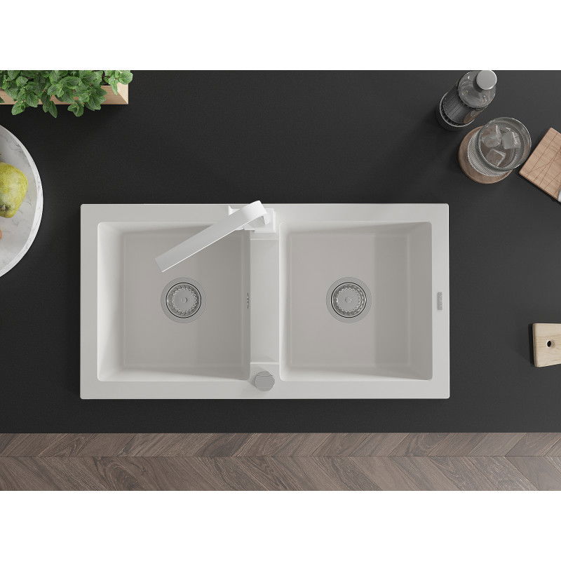 Mexen Mario zlewozmywak granitowy 2-komorowy z baterią kuchenną Rita, biały - 6504-20-670300-20