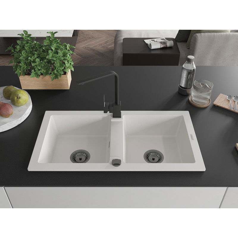 Mexen Mario zlewozmywak granitowy 2-komorowy z baterią kuchenną Rita, biały - 6504-20-670300-70